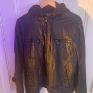 faux leather jacket with hood, deep blue